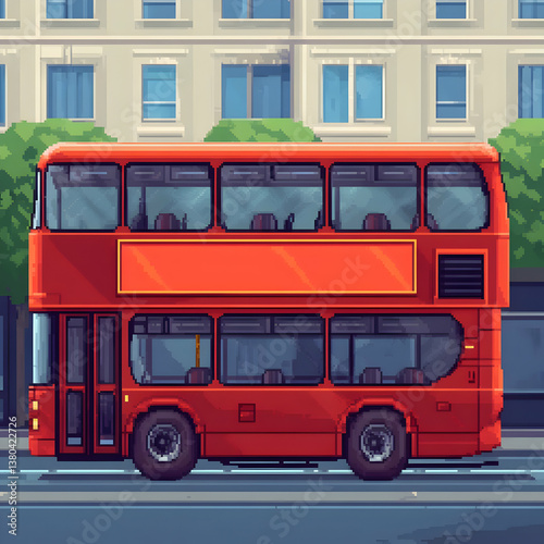 Pixel art red double-decker bus on city street with trees and buildings