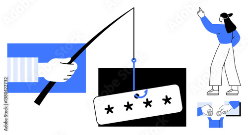 Hand with fishing rod, password on hook, alert woman pointing, phishing message icons. Ideal for cybersecurity, phishing awareness, online safety, data protection, digital literacy tech fraud flat
