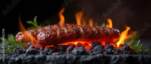Délicieuses saucisses merguez sur des braises incandescentes. Gros plan isolé sur fond noir avec des herbes fraiches, composition photo