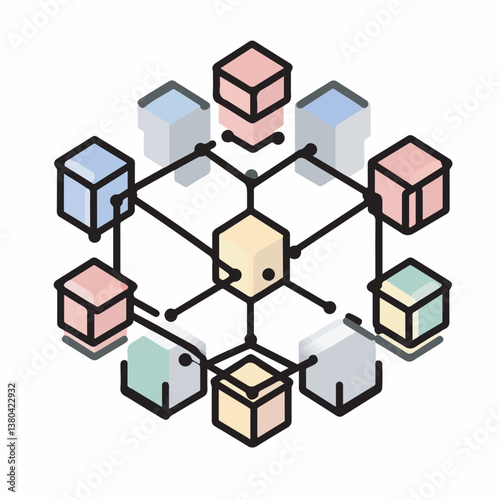 Connected cubes form decentralized network system design white background