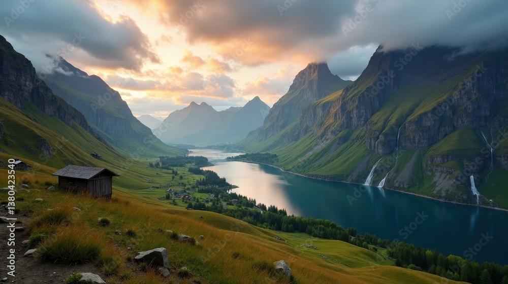 Obraz premium Cloudy Romsdalen valley in Norway at dawn, captured in a panoramic view with misty mountain scenery.