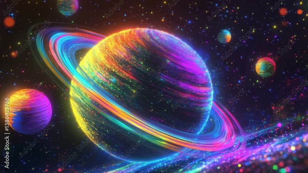 Disco Dance of Happy Planets. Around a star shining like a giant disco ball, neon-colored planets dance. Jupiter breakdances, while Saturn twirls its rings in tango moves. 