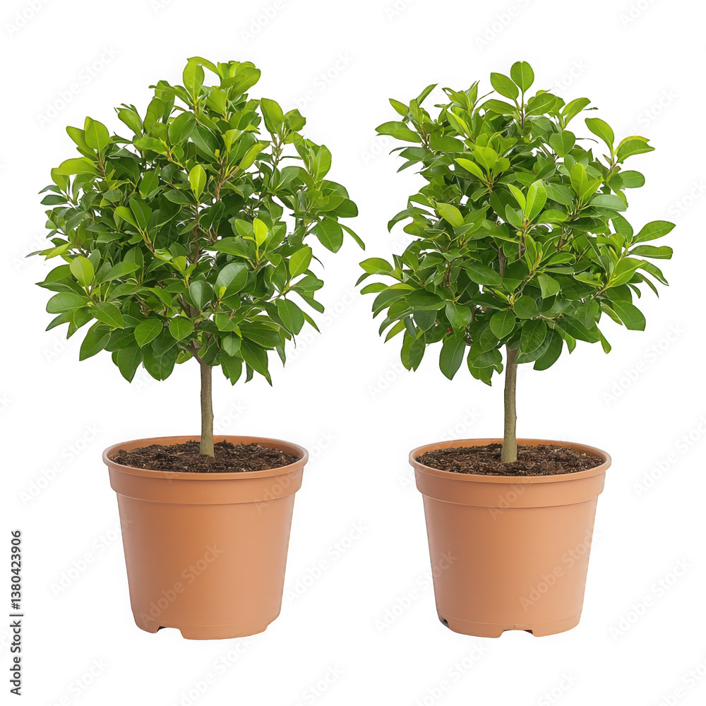 Two lush potted lemon trees showcasing their vibrant green foliage on a transparent background for decorative purposes Two lush potted lemon trees showcasing their vibrant green foliage on a transparent background for decorative purposes