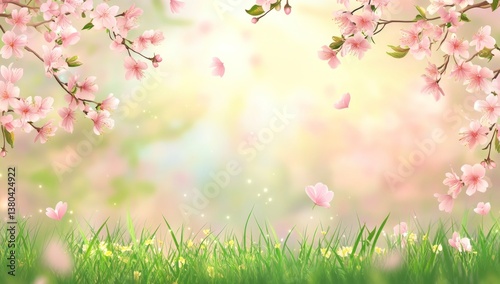 Blossoming Cherry Branches with Petals Falling Onto Green Grass