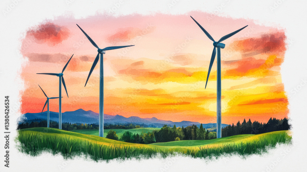 Fototapeta premium Wind turbines in vibrant sunset landscape with rolling hills and trees