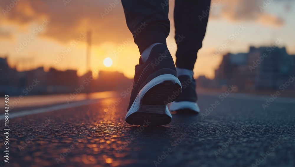Fototapeta premium Person Walking on Asphalt Road at Sunset with City Skyline