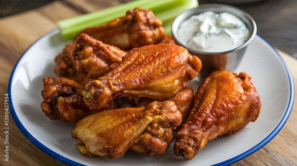 Fototapeta premium Crispy Fried Chicken Wings on a Wooden Platter