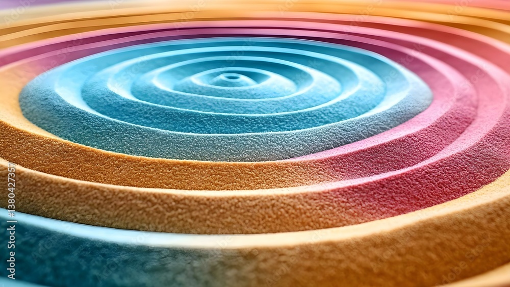 Fototapeta premium Colorful concentric circles or waves, resembling sand or a textured surface, in gradient shades of blue, orange, and pink. Concept Colorful Concentric Circles, Gradient Waves, Textured Patterns