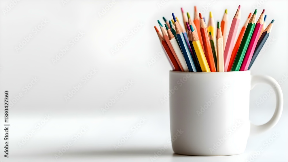 A white mug filled with colorful pencils of various shades, standing against a blurred background. Concept Creative Workspace, Colorful Pencils, Inspiration Station, Artistic Setup