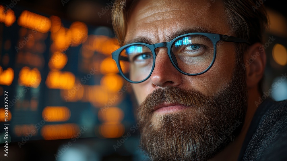 Man with beard, glasses looks at camera. Screen with data glows behind him Man with beard, glasses looks at camera. Screen with data glows behind him