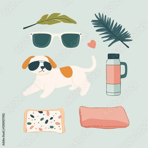 A vector illustration of summer pet accessories, including sunglasses, a cooling bandana, a travel water bottle, and a pet bed. Clean, minimalist design with pastel colors