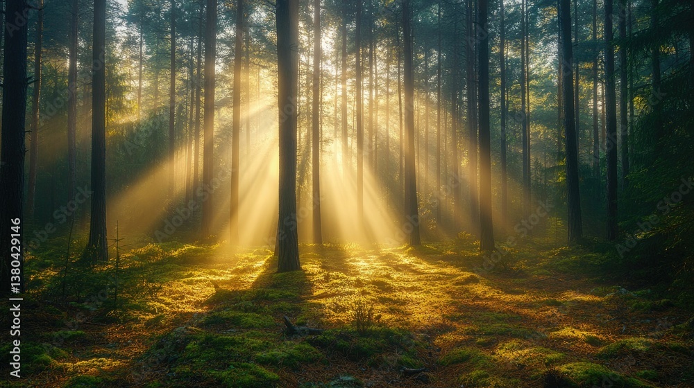 Obraz premium A dense pine forest covered in early morning fog. Beams of golden sunlight pierce through the mist, illuminating the forest floor covered in moss and fallen pine needles.