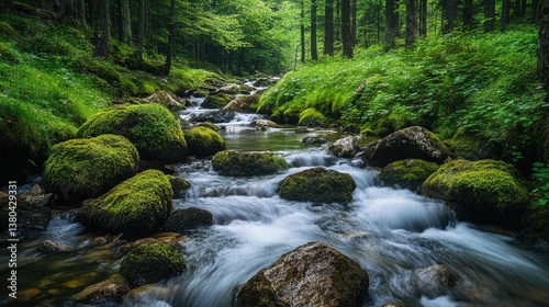 A refreshing mountain stream winding through moss-covered boulders, with crystal-clear water rushing over smooth stones. The surrounding trees add to the peaceful atmosphere.