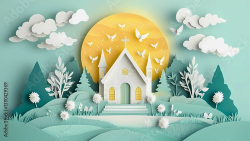 A paper-cut church with trees, birds, clouds, and a yellow sun