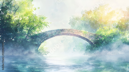 Watercolor Scene of Stone Bridge Over Misty River