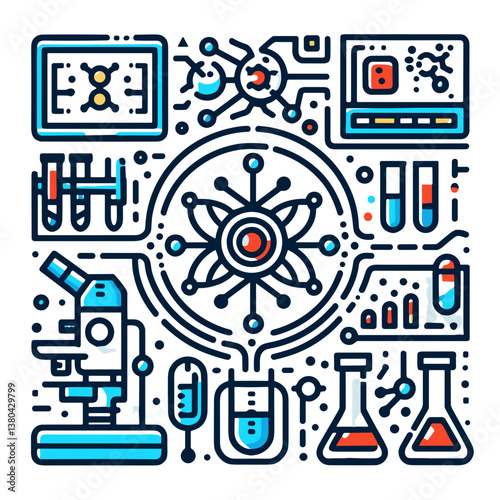 Laboratory Science Concept Illustration with Microscopes and Beakers  