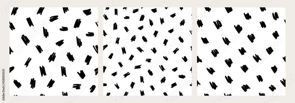 Set of hand drawn seamless black and white abstract patterns with brush strokes, shapes, and dashes. Modern minimalistic textures, perfect for fabrics, wallpapers, packaging, graphic design projects