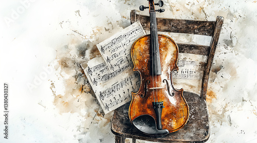 Soft Watercolor Old Violin with Sheet Music and Wooden Chair