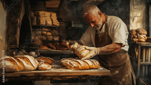 Baker pulling freshly baked bread from a stone oven