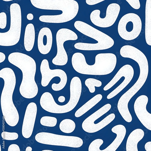Seamless pattern of irregular organic white shapes on a bold navy background forming a modern abstract design in playful composition