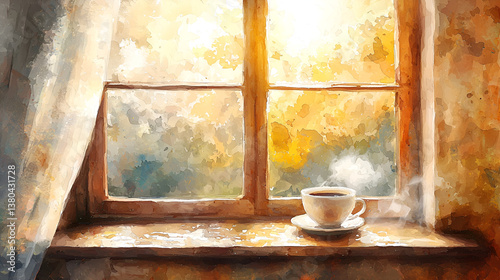 Soft Watercolor Morning Scene with Dewy Window and Coffee