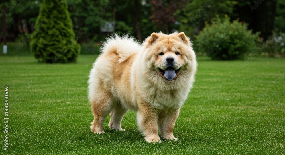 Chow chow dog enjoying a sunny day on the green lawn in a peaceful backyard setting Chow chow dog enjoying a sunny day on the green lawn in a peaceful backyard setting