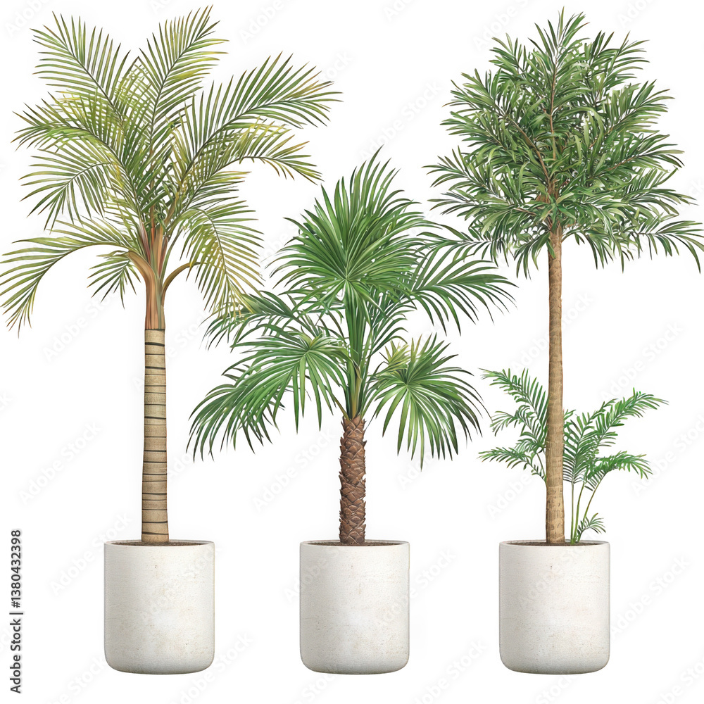 Obraz premium Three elegant palm trees in a decorative pot on a transparent background ideal for tropical decor and green living