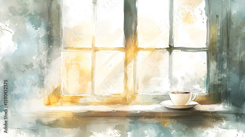 Soft Watercolor Morning Scene with Dewy Window and Coffee