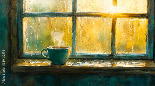 Soft Watercolor Morning Scene with Dewy Window and Coffee