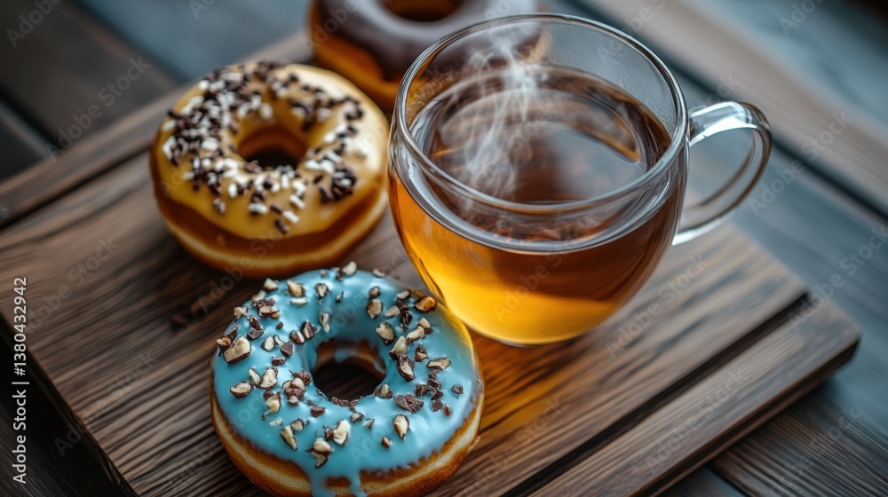 Assorted Donuts with a Steaming Cup of Tea on Wooden Tray Assorted Donuts with a Steaming Cup of Tea on Wooden Tray