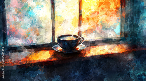 Soft Watercolor Morning Scene with Dewy Window and Coffee
