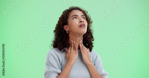 Woman, sore and ill throat on green screen, covid symptoms and feeling discomfort of new variant in studio. Health risk, pain and wellness or tuberculosis, virus and inflammation or allergy reaction