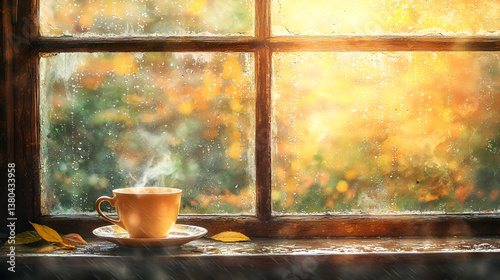 Soft Watercolor Morning Scene with Dewy Window and Coffee