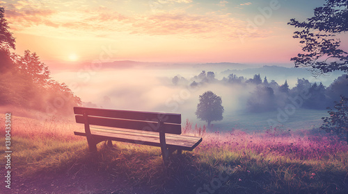 Nostalgic Watercolor Bench Overlooking Foggy Valley