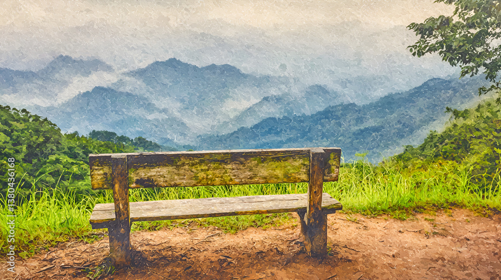 Nostalgic Watercolor Bench Overlooking Foggy Valley