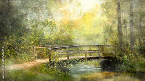 Watercolor Painting of Enchanted Wooden Bridge Over Stream