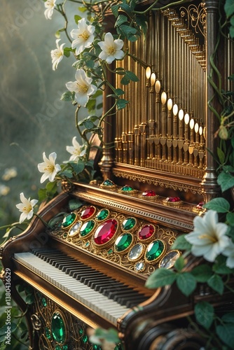 An ornate organ featuring colorful gemstones and floral decorations stands in a vibrant garden. Soft sunlight filters through, creating a magical atmosphere during the late afternoon