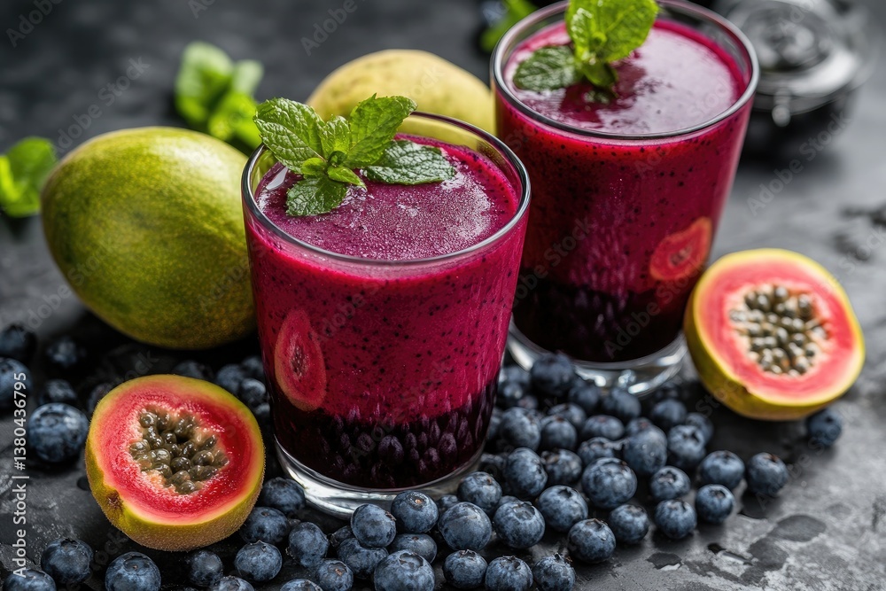 Two glasses of purple smoothie with mint garnish surrounded by blueberries and halved papaya fruits Two glasses of purple smoothie with mint garnish surrounded by blueberries and halved papaya fruits