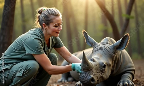 Veterinarian Caring for a Young Rhinoceros in a Forest Setting