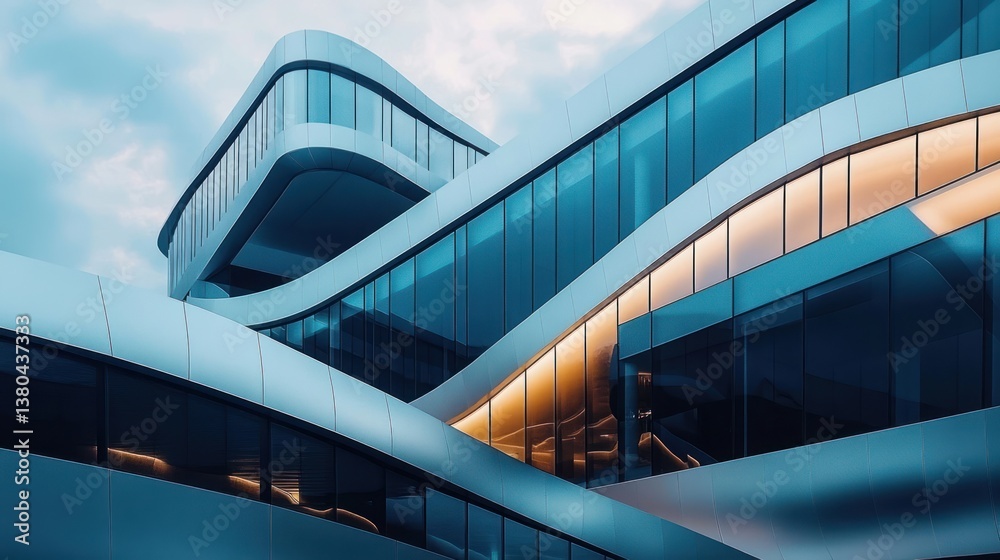 Fototapeta premium Futuristic Modern Architecture Cityscape with Reflective Glass Panels Sharp Angles and Dramatic Lighting