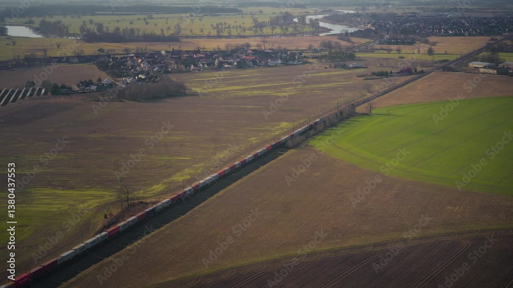 Aerial view of a long freight train passing through fields and countryside, with a rural village and winding river in the background. Movement: follow