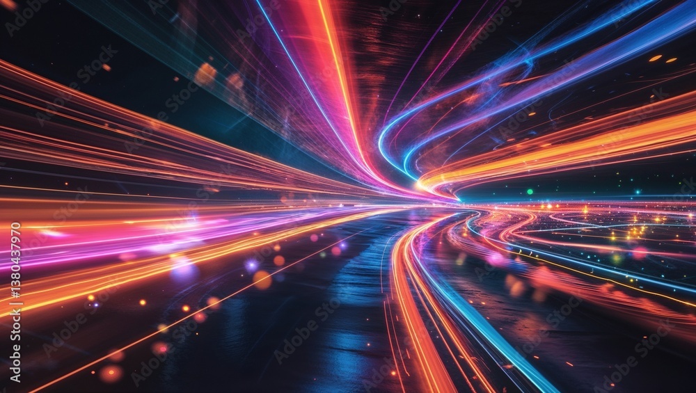 Bright light trails weave through a dark urban environment at night, with colorful streams reflecting on a wet surface, illustrating motion and energy in the city