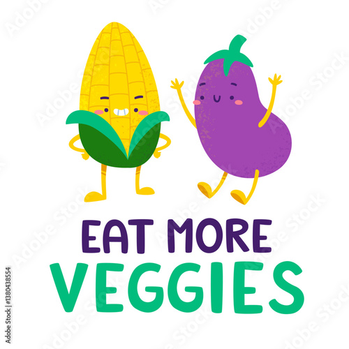 Cute vegetable characters poster. Cartoon corn with eggplant characters.