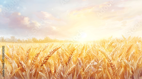 Watercolor Scene of Wheat Field at Sunrise