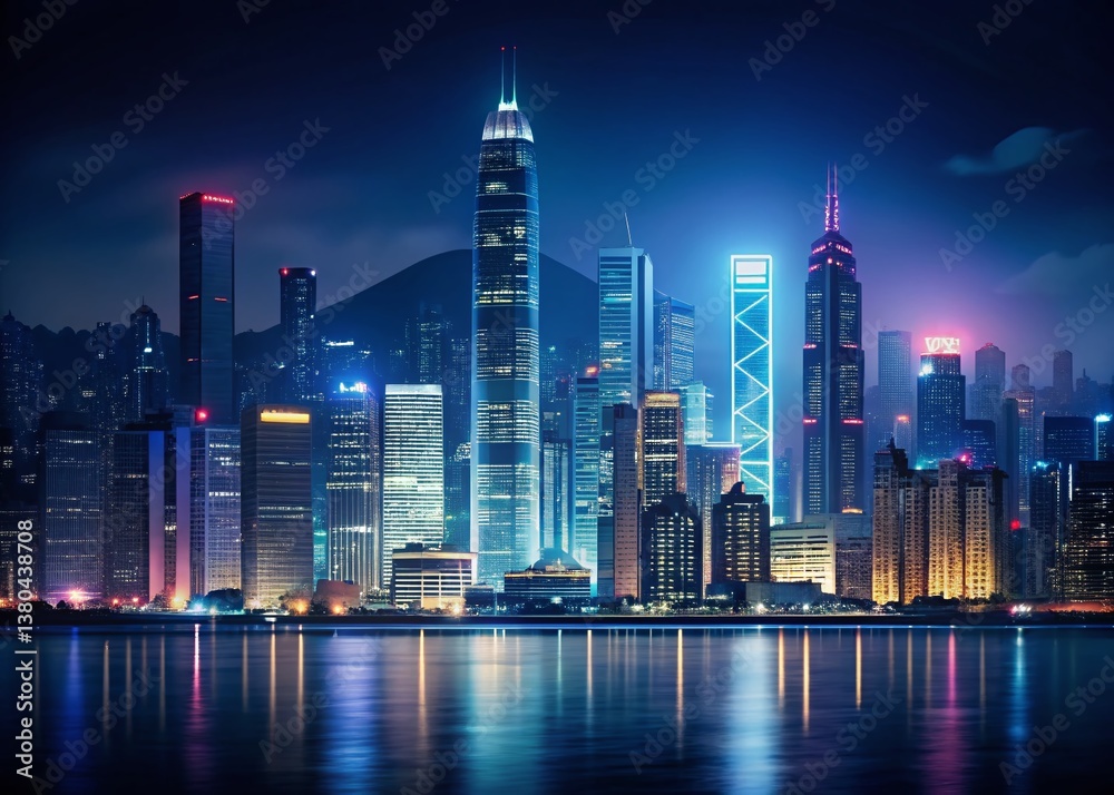 Naklejka premium Minimalist Hong Kong Night Skyline - Vibrant City Lightscape