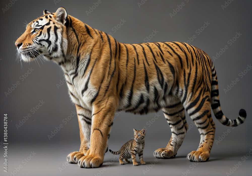Obraz premium Majestic Tiger and Tiny Kitten Showcase Striking Size Difference