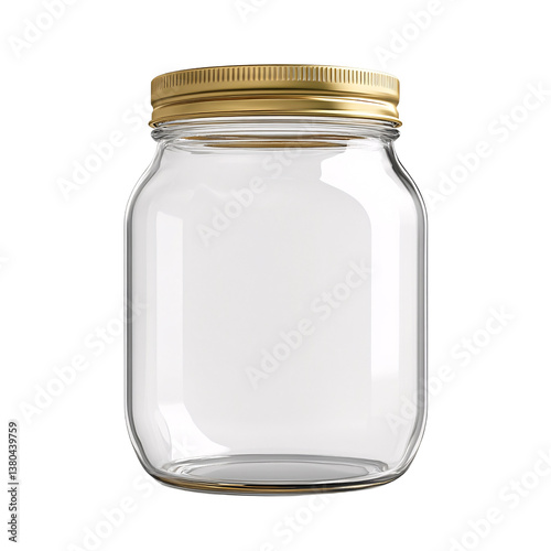 Empty clear glass mason jar with golden lid on black background Concept of canning, food preservation, and storage