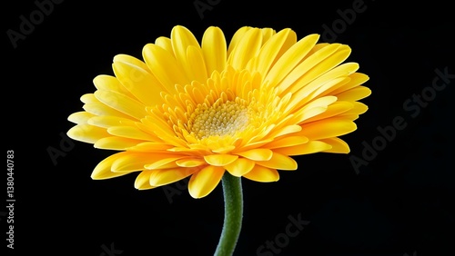 A bright yellow gerbera daisy against a black background, showcasing its intricate petals and central structure. Concept Flower Photography, Contrast in Colors, Nature's Beauty, Floral Details