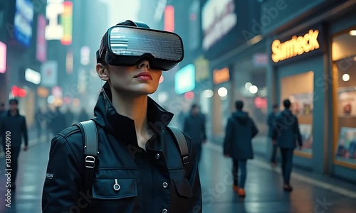 Woman in VR Headset Exploring Futuristic Cityscape