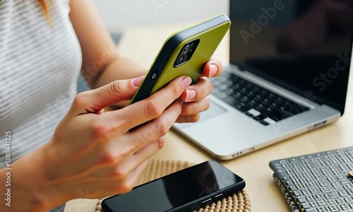 Woman using smartphone at home office, technology, modern lifestyle